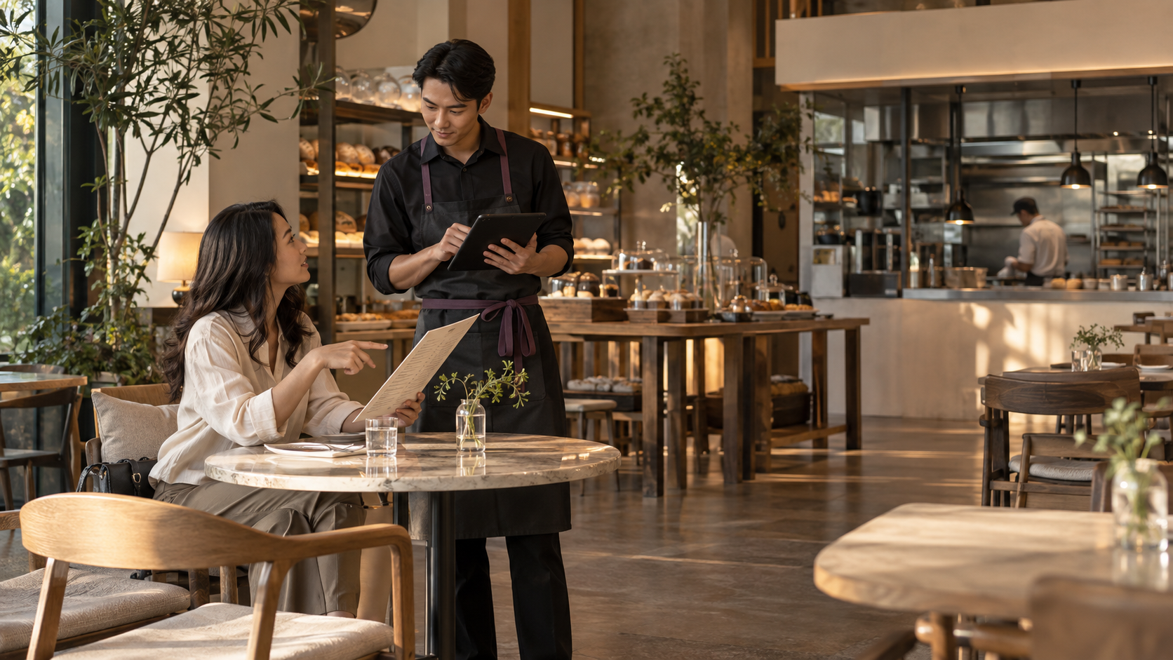 Waiter menerima pesanan customer dengan iPad di restoran modern