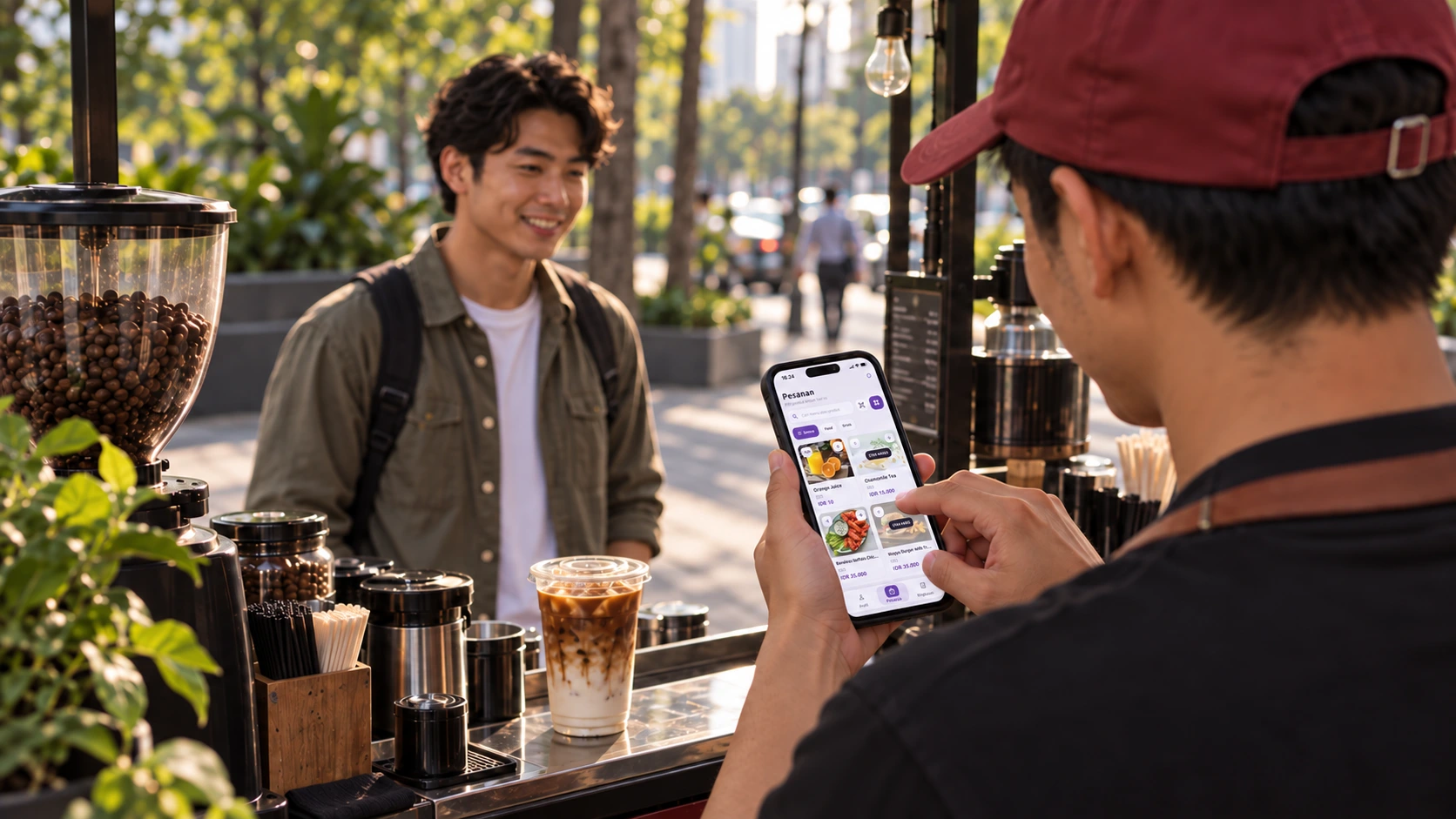 Sudut belakang barista saat memasukkan pesanan kopi di HP