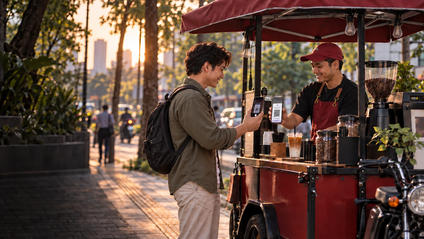 Customer memindai QRIS di layar HP pedagang kopi