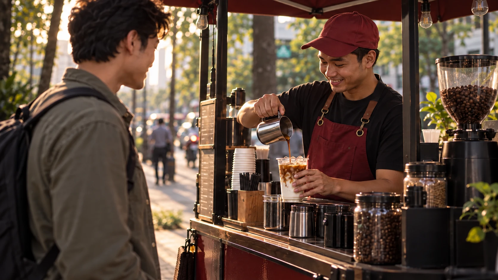 Barista menyiapkan kopi tanpa memegang HP